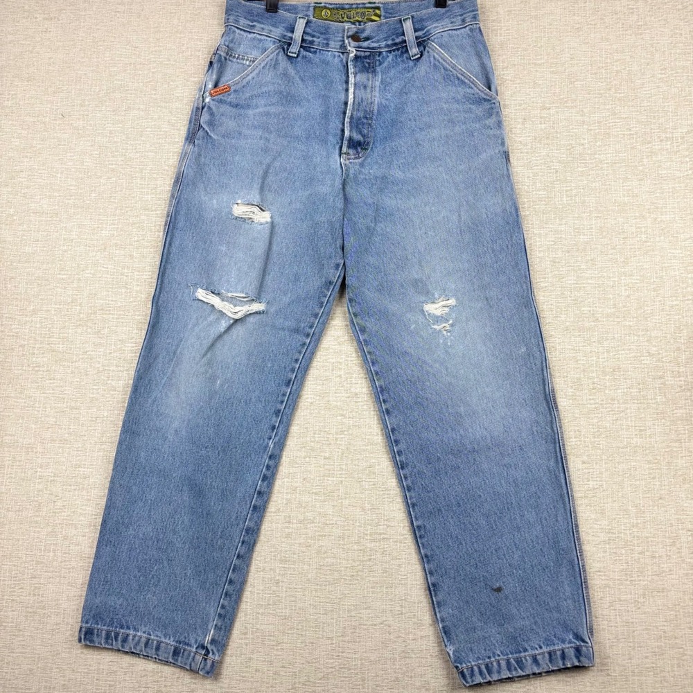 Vintage Volcom Baggy Skate Jeans Light Wash Distressed Made in USA Mens Size M